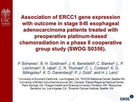 Association of ERCC1 gene expression with outcome in stage II-III esophageal adenocarcinoma patients treated with preoperative platinum-based chemoradiation.