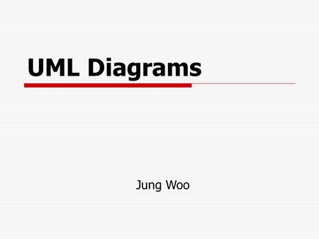 UML Diagrams Jung Woo. What is UML? Standard language for specifying, visualizing, constructing, and documenting the artifacts of software systems, business.