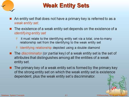 Weak Entity Sets An entity set that does not have a primary key is referred to as a weak entity set. The existence of a weak entity set depends on the.