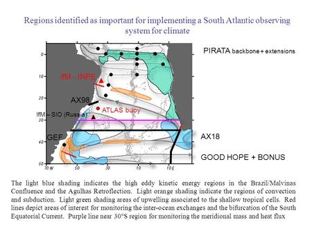 The light blue shading indicates the high eddy kinetic energy regions in the Brazil/Malvinas Confluence and the Agulhas Retroflection. Light orange shading.