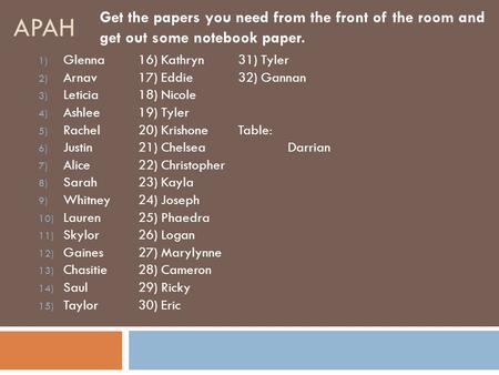 APAH Get the papers you need from the front of the room and get out some notebook paper. Glenna	16) Kathryn 	31) Tyler Arnav	17) Eddie	32) Gannan Leticia	18)