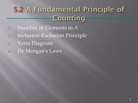 1. Number of Elements in A 2. Inclusion-Exclusion Principle 3. Venn Diagram 4. De Morgan's Laws 1.