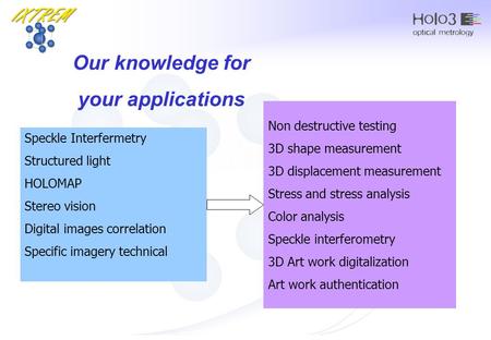 Speckle Interfermetry Structured light HOLOMAP Stereo vision Digital images correlation Specific imagery technical Non destructive testing 3D shape measurement.