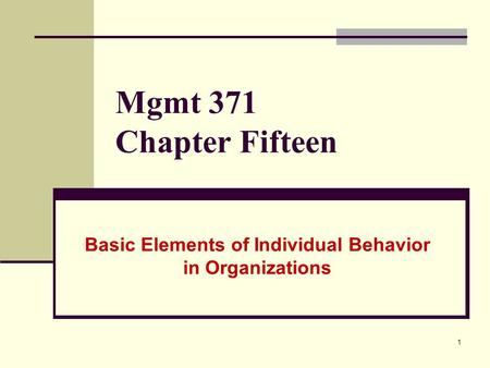 Basic Elements of Individual Behavior in Organizations