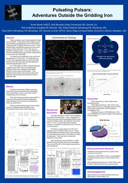 Pulsating Pulsars: Adventures Outside the Gridding Iron Susan Booth (VAST), Nick Borowicz (Argo Community HS, Summit, IL), Rob Culbertson (Langley HS,