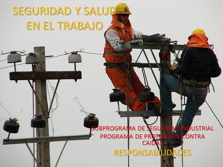 SEGURIDAD Y SALUD EN EL TRABAJO SUBPROGRAMA DE SEGURIDAD INDUSTRIAL PROGRAMA DE PROTECCION CONTRA CAIDAS RESPONSABILIDADES.