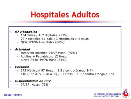 SECCIÓN DE HEMODINÁMICA Sociedad Española de Cardiología REGISTRO 2.001 Hospitales Adultos 97 Hospitales –134 Salas / 117 digitales (87%) –27 Hospitales.