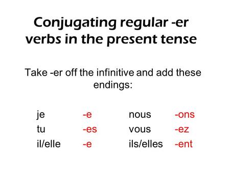 Conjugating regular -er verbs in the present tense Take -er off the infinitive and add these endings: je-enous-ons tu-esvous-ez il/elle-e ils/elles-ent.