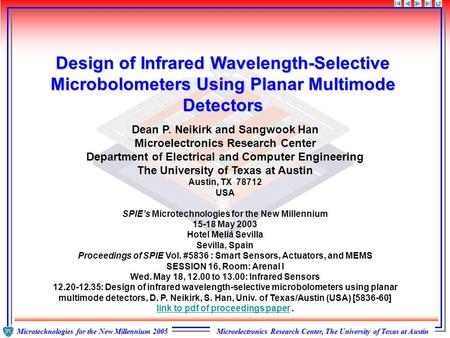 Microelectronics Research Center, The University of Texas at Austin Microtechnologies for the New Millennium 2005 Dean P. Neikirk and Sangwook Han Microelectronics.