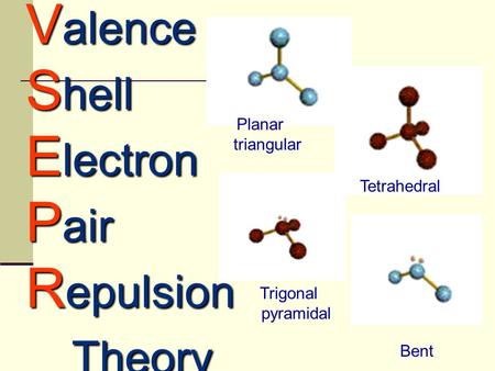 V alence S hell E lectron P air R epulsion Theory Planar triangular Tetrahedral Trigonal pyramidal Bent.