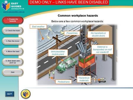 4. Move the load 3. Plan the move 2. Check the hoist 1. Prepare for hazards QUITQUIT EASY GUIDES AUSTRALIA PTY LTD www.easyguides.com.au Quiz 5. Shut down.