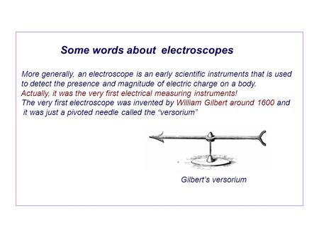 Some words about electroscopes More generally, an electroscope is an early scientific instruments that is used to detect the presence and magnitude of.