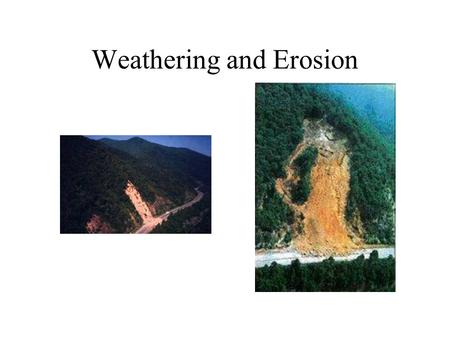 Weathering and Erosion. Weathering: The disintegration or decomposition of rocks on the Earth's surface. Two types: Mechanical and Chemical.