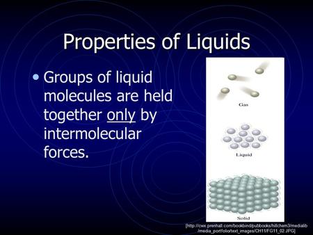 Properties of Liquids Groups of liquid molecules are held together only by intermolecular forces. [http://cwx.prenhall.com/bookbind/pubbooks/hillchem3/medialib.