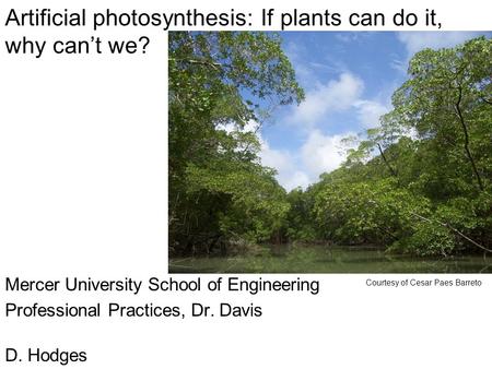 Artificial photosynthesis: If plants can do it, why can’t we? Mercer University School of Engineering Professional Practices, Dr. Davis D. Hodges Courtesy.