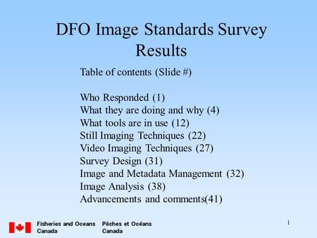 1 DFO Image Standards Survey Results Table of contents (Slide #) Who Responded (1) What they are doing and why (4) What tools are in use (12) Still Imaging.