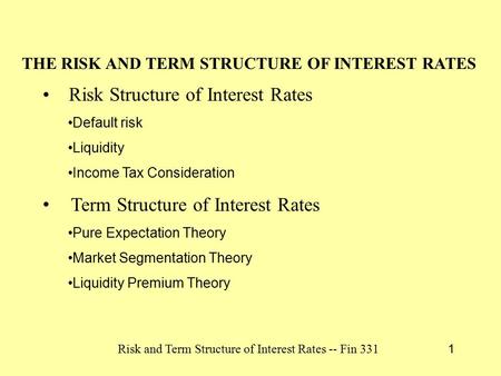 Risk and Term Structure of Interest Rates -- Fin 331 1 THE RISK AND TERM STRUCTURE OF INTEREST RATES Risk Structure of Interest Rates Default risk Liquidity.