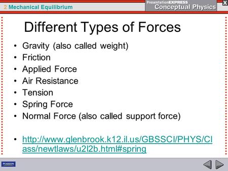 2 Mechanical Equilibrium Different Types of Forces Gravity (also called weight) Friction Applied Force Air Resistance Tension Spring Force Normal Force.