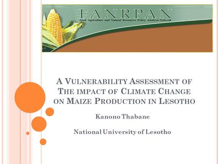 A V ULNERABILITY A SSESSMENT OF T HE IMPACT OF C LIMATE C HANGE ON M AIZE P RODUCTION IN L ESOTHO Kanono Thabane National University of Lesotho.