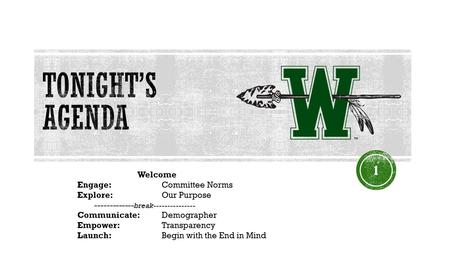 Welcome Engage: Committee Norms Explore: Our Purpose ------------- break--------------- Communicate: Demographer Empower: Transparency Launch: Begin with.
