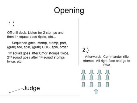 Opening Off drill deck. Listen for 2 stomps and then 1 st squad does ripple, etc… Sequence goes: stomp, stomp, port, (grab) toe, spin, (grab) UHG, spin,