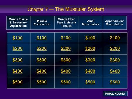 Chapter 7 — The Muscular System $100 $200 $300 $400 $500 $100$100$100 $200 $300 $400 $500 Muscle Tissue & Sarcomere Organization Muscle Contraction Muscle.