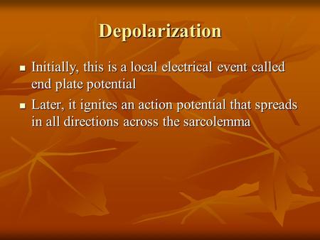 Depolarization Initially, this is a local electrical event called end plate potential Later, it ignites an action potential that spreads in all directions.