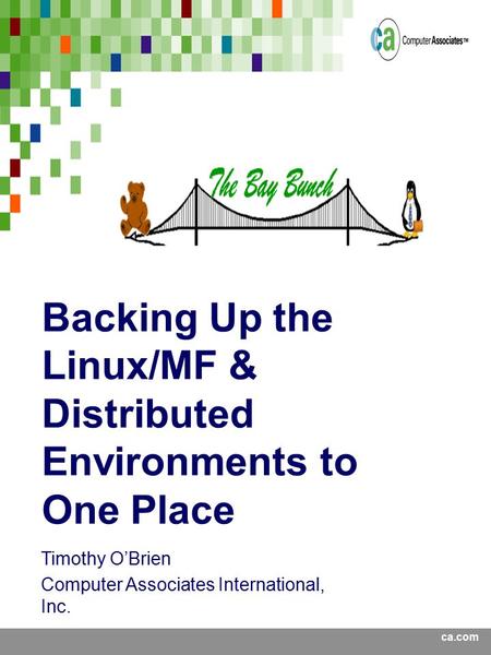 Ca.com Timothy O’Brien Computer Associates International, Inc. Backing Up the Linux/MF & Distributed Environments to One Place.