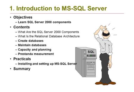 1. Introduction to MS-SQL Server Objectives –Learn SQL Server 2000 components Contents –What Are the SQL Server 2000 Components –What Is the Relational.