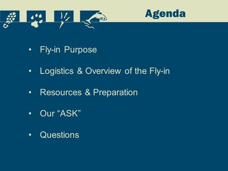 Agenda Fly-in Purpose Logistics & Overview of the Fly-in Resources & Preparation Our “ASK” Questions.