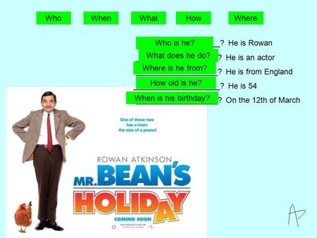 Who ___________________? He is Rowan ___________________? He is an actor ___________________? He is from England ____________________? He is 54 ___________________?