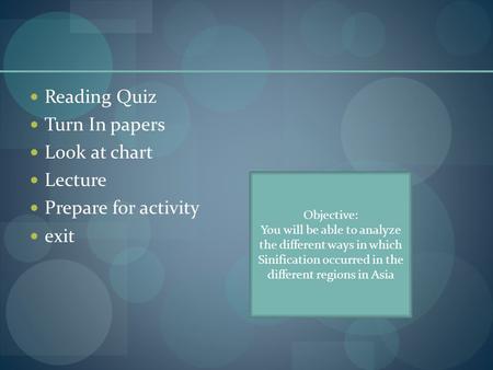 Reading Quiz Turn In papers Look at chart Lecture Prepare for activity exit Objective: You will be able to analyze the different ways in which Sinification.