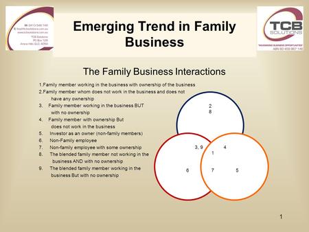 Emerging Trend in Family Business The Family Business Interactions 1.Family member working in the business with ownership of the business 2.Family member.