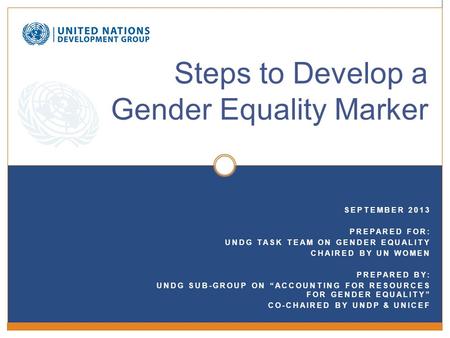 SEPTEMBER 2013 PREPARED FOR: UNDG TASK TEAM ON GENDER EQUALITY CHAIRED BY UN WOMEN PREPARED BY: UNDG SUB-GROUP ON “ACCOUNTING FOR RESOURCES FOR GENDER.