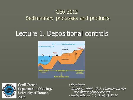 GE0-3112 Sedimentary processes and products Lecture 1. Depositional controls Geoff Corner Department of Geology University of Tromsø 2006 Literature: -