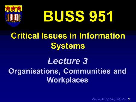 Clarke, R. J (2001) L951-03: 1 Critical Issues in Information Systems BUSS 951 Lecture 3 Organisations, Communities and Workplaces.