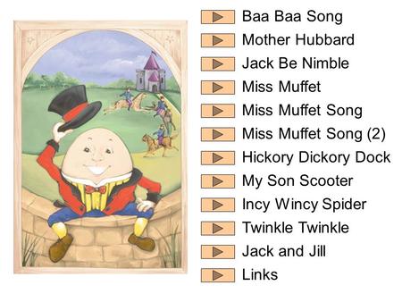 Baa Baa Song Mother Hubbard Jack Be Nimble Miss Muffet Miss Muffet Song Miss Muffet Song (2) Hickory Dickory Dock My Son Scooter Incy Wincy Spider Twinkle.