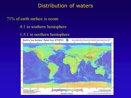 Distribution of waters 71% of earth surface is ocean 4:1 in southern hemisphere 1.5:1 in northern hemisphere.