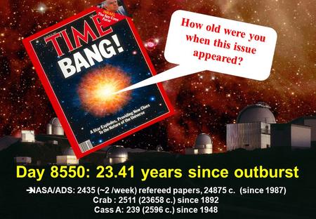 Patrice Bouchet – DSM/IRFU/Sap CEA-Saclay – COSPAR 2010 IRFU/ Service d’Astrophysiqu e Day 8550: 23.41 years since outburst How old were you when this.