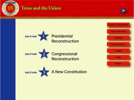 TIMELINE 1865–1877 1865 Slaves are emancipated in Texas 1866 Constitution of 1866 is adopted 1869 Constitution of 1869 is adopted 1869 Edmund Davis is.