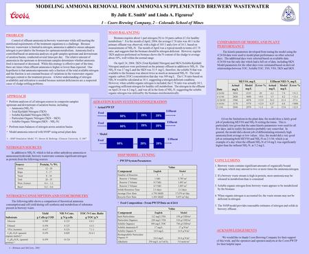 MODELING AMMONIA REMOVAL FROM AMMONIA SUPPLEMENTED BREWERY WASTEWATER By Julie E. Smith 1 and Linda A. Figeuroa 2 1 – Coors Brewing Company, 2 – Colorado.