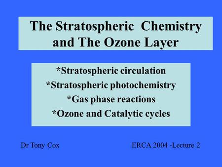 The Stratospheric Chemistry and The Ozone Layer