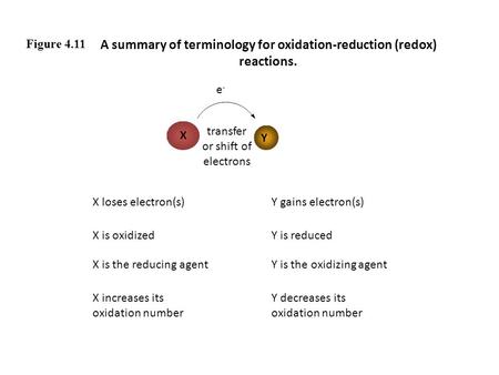 Figure 4.11 A summary of terminology for oxidation-reduction (redox) reactions. X Y e-e- transfer or shift of electrons X loses electron(s)Y gains electron(s)