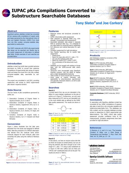 IUPAC pKa Compilations Converted to Substructure Searchable Databases Tony Slaterand Joe Corkery Tony Slater § and Joe Corkery ǂ 9 Bisbee Ct Suite D Santa.