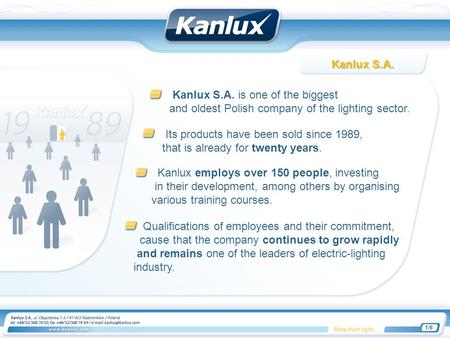 Kanlux S.A. is one of the biggest and oldest Polish company of the lighting sector. Its products have been sold since 1989, that is already for twenty.