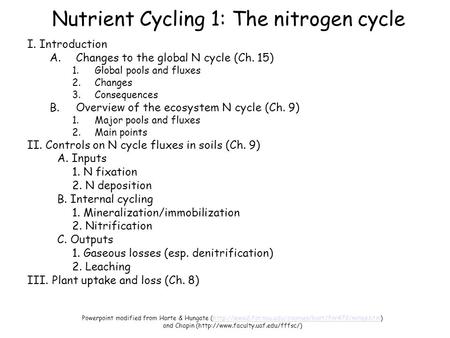 Nutrient Cycling 1: The nitrogen cycle I. Introduction A.Changes to the global N cycle (Ch. 15) 1.Global pools and fluxes 2.Changes 3.Consequences B.Overview.