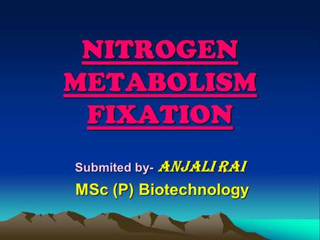 NITROGEN METABOLISM FIXATION Submited by- Anjali Rai MSc (P) Biotechnology MSc (P) Biotechnology.