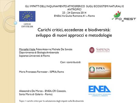 GLI IMPATTI DELL’INQUINAMENTO ATMOSFERICO SUGLI ECOSISTEMI NATURALI E ANTROPICI 23 - 24 Gennaio 2014 ENEA, Via Giulio Romano, 41 – Roma Marcello Vitale,