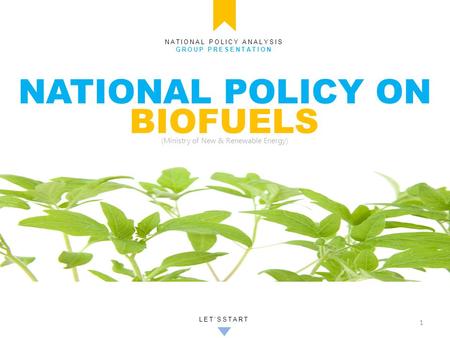 NATIONAL POLICY ON BIOFUELS NATIONAL POLICY ANALYSIS GROUP PRESENTATION LET’SSTART (Ministry of New & Renewable Energy) 1.