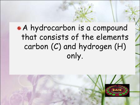 A hydrocarbon is a compound that consists of the elements carbon (C) and hydrogen (H) only.